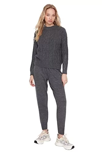 Trendyol Damskie spodnie dresowe Ajouré Middle Knitwear dwuczęściowy zestaw, Antracyt, M