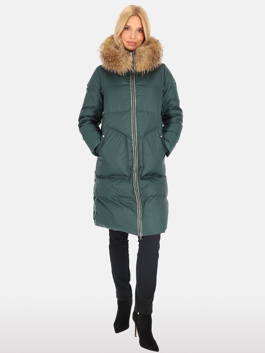 Elegancka puchowa kurtka damska z kontrastowym lampasem 3XL Zielony butelkowy