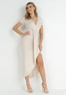 Sukienki - Beżowa Asymetryczna Sukienka Kopertowa z Marszczeniami Adephelia - miniaturka - grafika 1
