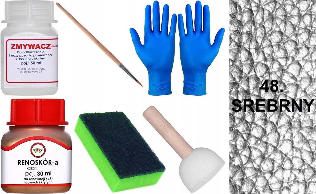 SREBRNY 48 Renoskór ZESTAW DO RENOWACJI SKÓRY LICOWEJ Farba Zmywacz Pędzel
