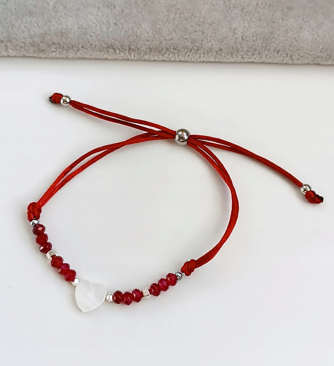 CZERWONA BRANSOLETKA REG SERCE MASA PERŁOWA AGAT HEMATYT WALENTYNKI STAL