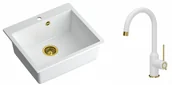 Zlewozmywaki z baterią - Quadron Zlewozmywak granitowy jednokomorowy 57*50*22 cm MORGAN 110 SNOW WHITE ze złotym odpływem z baterią INGRID Q LINE SNOW WHITE kolor biały mat/wykończenie złote - miniaturka - grafika 1