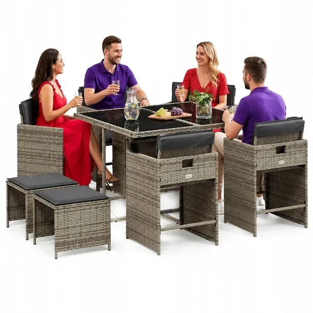 Zestaw mebli ogrodowych szary rattan PE 110 x 106 x 73 cm, 4 krzesła, 4 st