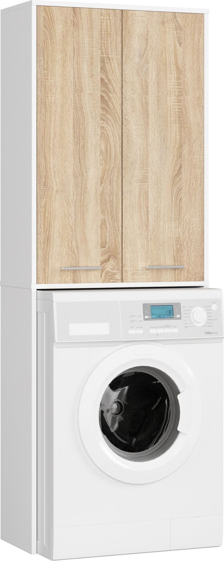 Fabryka Mebli Akord Słupek łazienkowy FIN 180 cm nad pralkę regał 2 drzwi - biały dąb sonoma