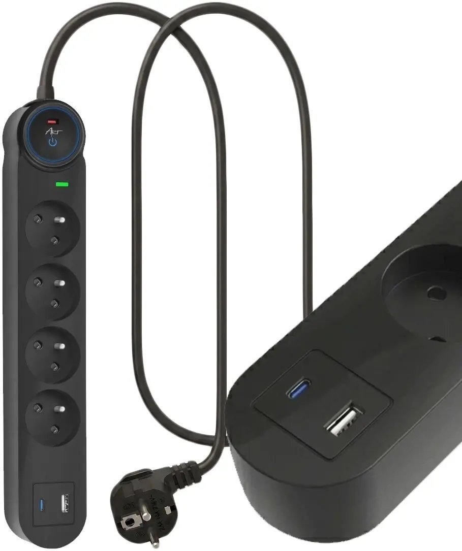 Listwa zasilająca Art Listwa przeciwprzepięciowa 1.5m SPD3 4 gniazda 16A USB-A USB-C 3,4A czarna