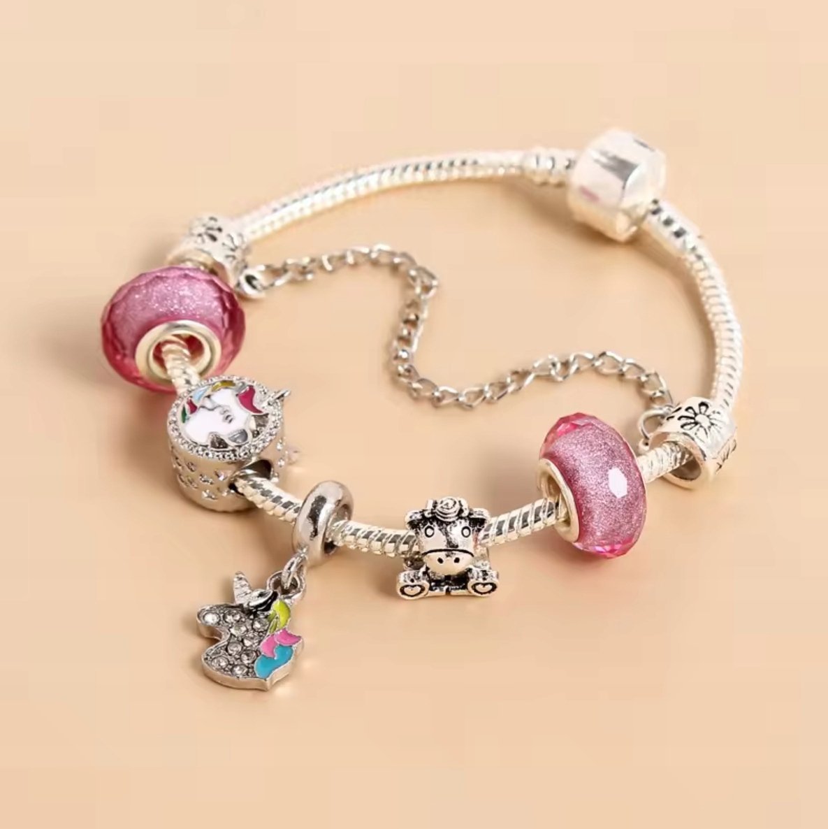 Srebrna Bransoletka Charms Beads Turmalin Cyrkonie Kucyk Kwiaty Różowa