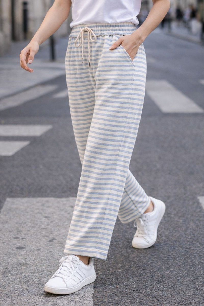 Spodnie damskie szaro-białe paski bawełna Italy casual One Size