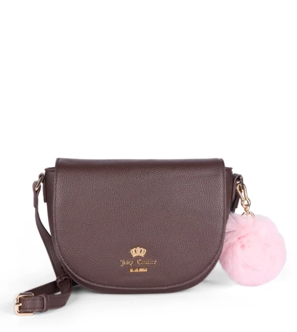 Brązowa torebka listonoszka Juicy Couture z różowym pomponem