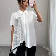 Koszule damskie - TEMU Elegancka Biało-Czarna Marynarka z Krótkim Rękawem - Kołnierz, Asymetryczny Doł, Strukturalna, Nierozciągliwa, Od Biura po Imprezę, - miniaturka - grafika 1