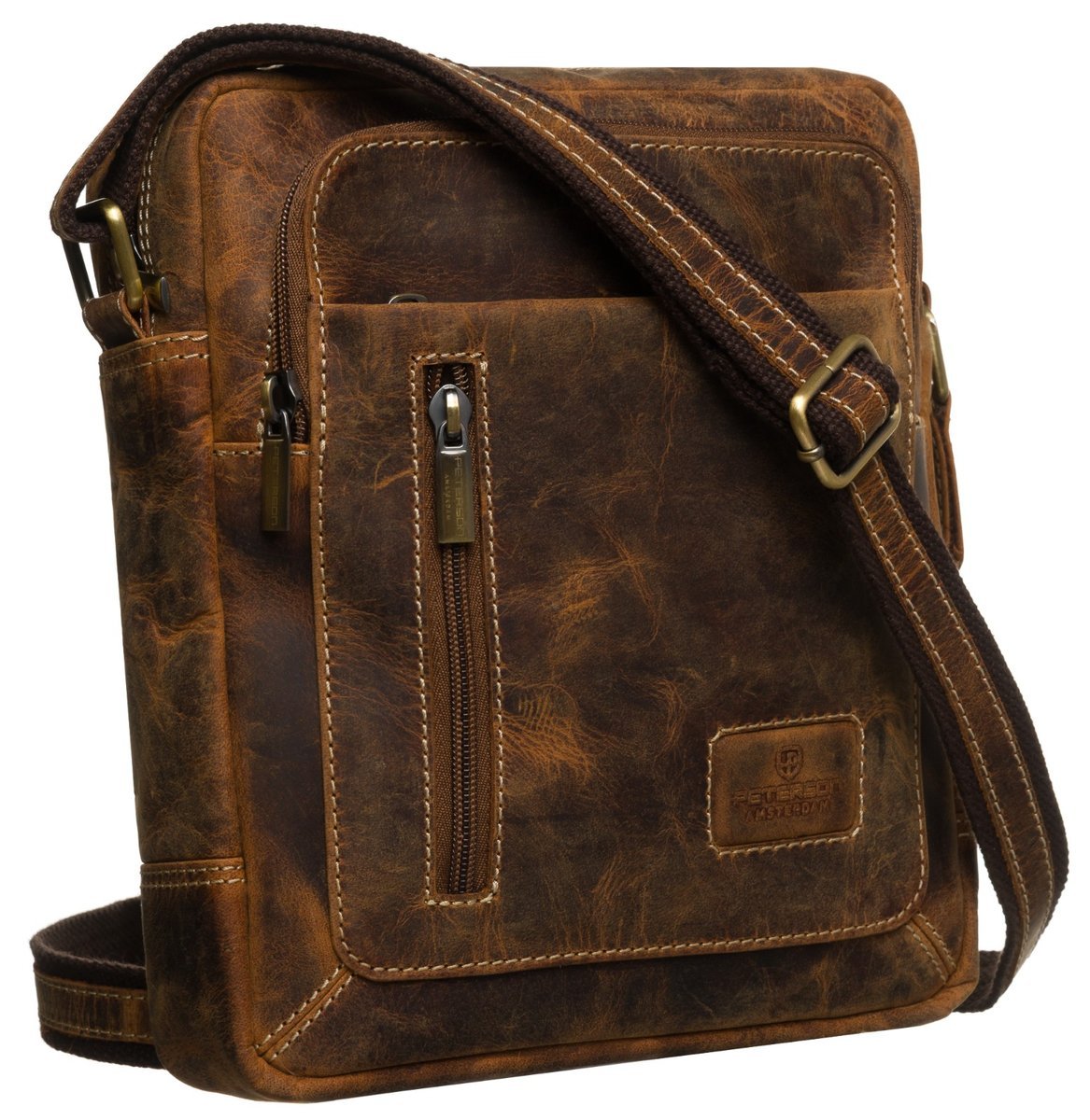Torba męska na ramię skórzana PETERSON mała minimalistyczna listonoszka miejska na suwak kieszonki na dokumenty telefon skóra nubuk brązowa vintage