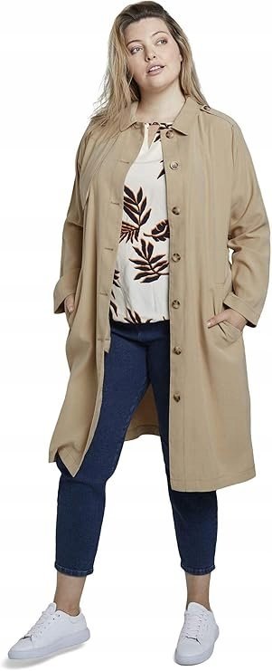 TOM TAILOR PŁASZCZ DO KOLAN PLUS SIZE BEŻOWY KLASYCZNY Z PASKIEM 48 7AA