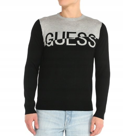 Guess Czarny Sweter Męski z Okrągłym Dekoltem z Jedwabiem i Wełną M Gma