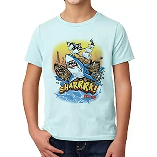 Koszulki dla chłopców - Del Sol Del Sol Sharrrrk!, T-shirt dla młodzieży, chłopców, lodowy błękit, zmienia kolor czarny na żywe kolory na słońcu, 100% czesana bawełna, luźne dopasowanie, rozmiar YS - grafika 1
