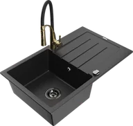 Zlewozmywaki z baterią - Mexen Bruno zlewozmywak granitowy 1-komorowy z ociekaczem i baterią kuchenną Aster, czarny/srebrny metalik - 6513-73-73450-57-B - miniaturka - grafika 1