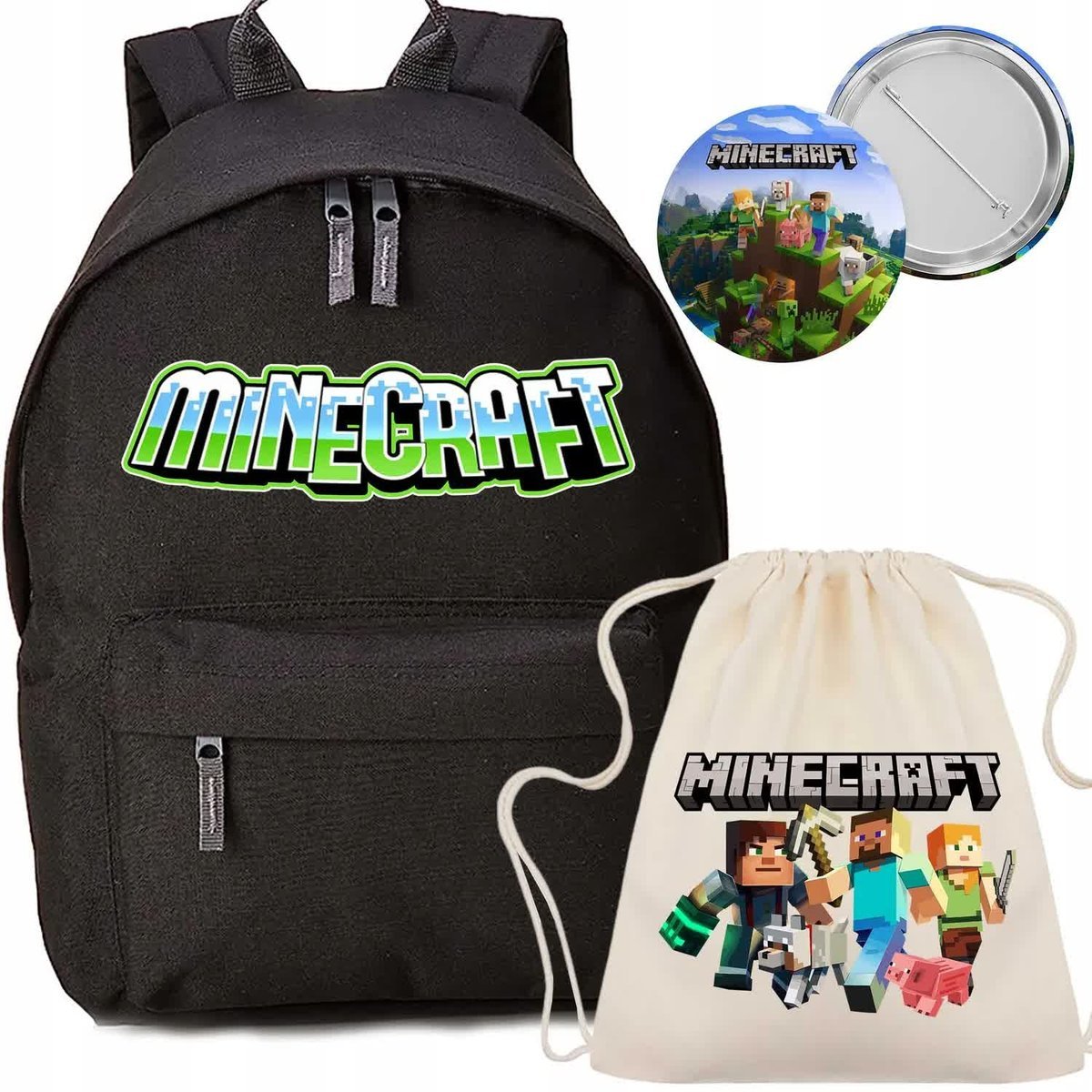 Zestaw Do Szkoły Czarny Plecak+Worek+Przypinka MINECRAFT Szkolna Wyprawka
