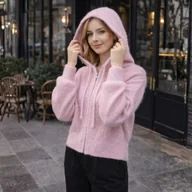 Swetry damskie - Sweter kardigan damski z kapturem na zamek różowy włoski One size - miniaturka - grafika 1