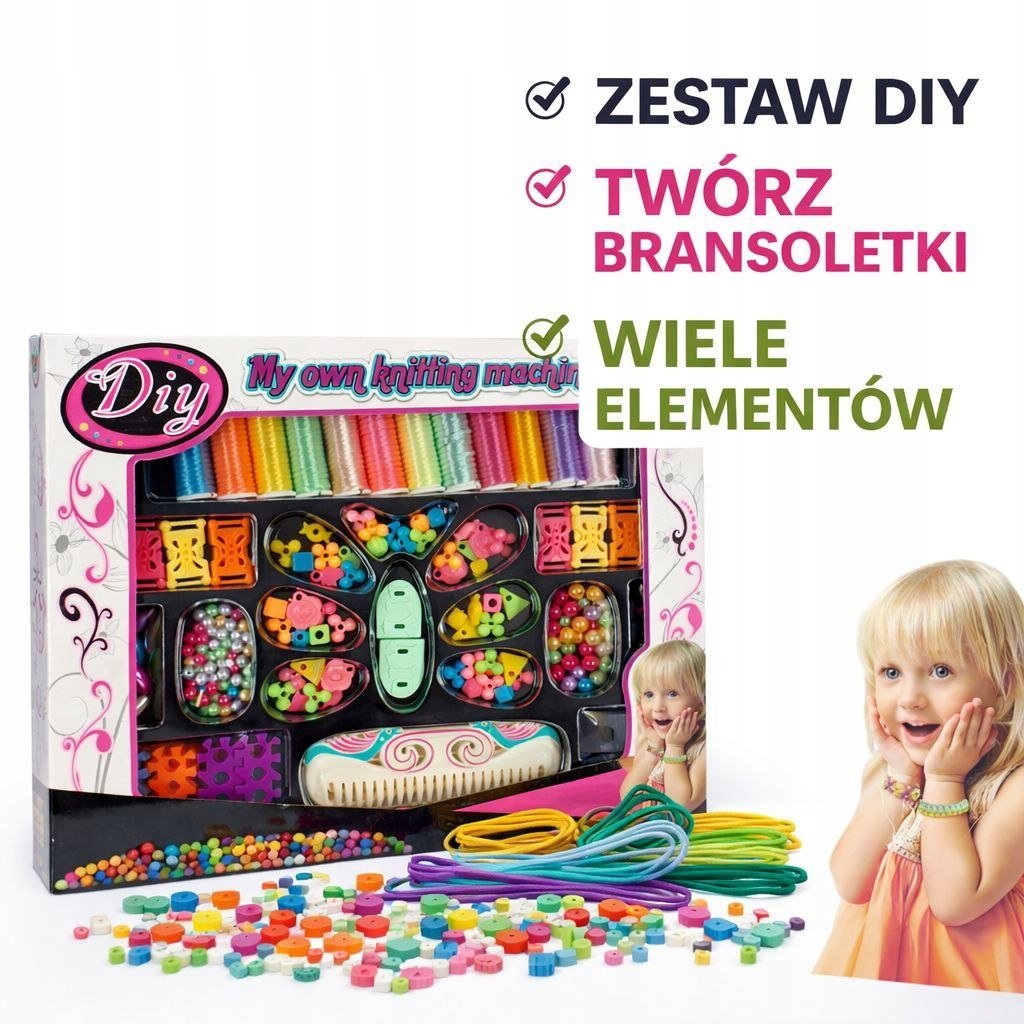 ZESTAW DO ROBIENIA BRANSOLETEK DIY KORALIKI i + MASZYNKA 12 SZPUL