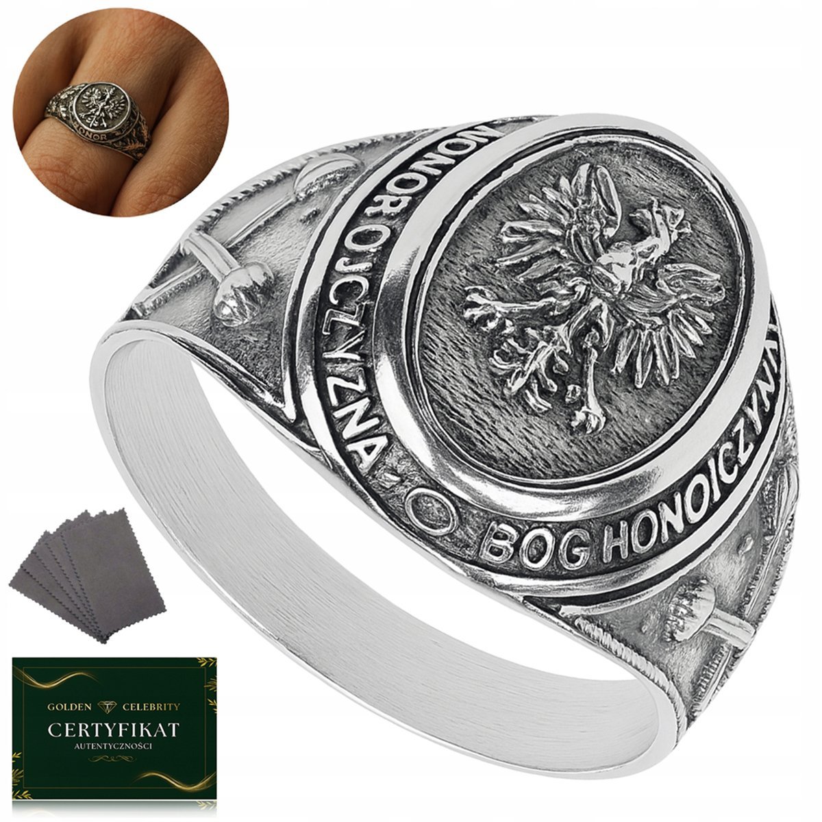 SYGNET MĘSKI SREBRNY Z ORŁEM SREBRO PRÓBA 925 BÓG HONOR OJCZYZNA ROZMIAR 31