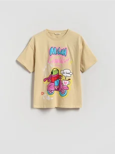 Reserved - Bawełniany t-shirt z nadrukiem - beżowy - Koszulki dla dziewczynek - miniaturka - grafika 1