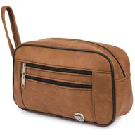 Nerki - Kosmetyczna Podróżna Saszetka Elegancka Uniseks Koniakowa Konianubuk Beltimore R25 : Kolory - Brązowy, Beżowy - miniaturka - grafika 1