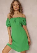 Sukienki - Zielona Rozkloszowana Sukienka Mini z Hiszpańskim Dekoltem i Krótkim Rękawem Misk - miniaturka - grafika 1