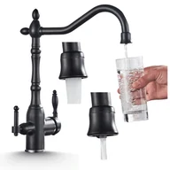Baterie kuchenne - Bateria Kuchenna Trójdrożna z Obrotową Wylewką Kran Do Kuchni Czarny Stary Styl RETRO Woda Filtrowana - miniaturka - grafika 1