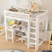 Łóżka dla dzieci i młodzieży - Łóżko na antresoli 90x200 cm - liczne schowki - z drabiną + biurkiem - z 3 szufladami - biały (materac nie jest dołączony) - miniaturka - grafika 1