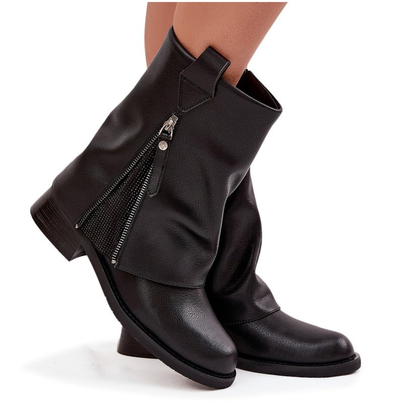 Skórzane Botki Damskie Z Wywiniętą Cholewką Na Klocku Maciejka K7213-01 Czarne-36
