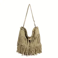 Torebki damskie - TEMU Damska sztruksowa torba typu bucket z frędzlami i chwostem oraz zapięciem - Regulowana torba na ramię/do noszenia na krzyż, odpowiednia do stylu - miniaturka - grafika 1