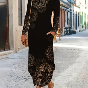 TEMU Jesienna i Zimowa Modna Sukienka z Długim Rękawem w Kwiatowy Wzór dla Kobiet - Sukienki - miniaturka - grafika 1