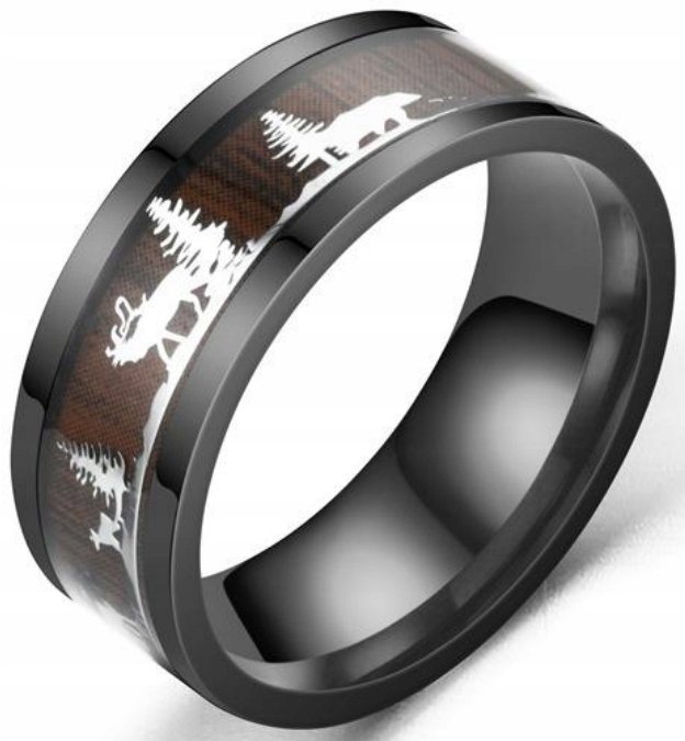 Czarny Pierścień Drewniany Jeleń Świąteczny Sygnet