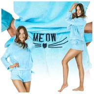 Piżamy damskie - PIŻAMA DAMSKA PLUSZOWA KOCIA BLUZA SPODENKI Z KAPTUREM I USZKAMI NIEBIESKA KOMPLET DWUCZĘŚCIOWY BLUZA Z KAPTUREM SPODENKI PIŻAMA KOCIA CIEPŁA MIĘKKA M - miniaturka - grafika 1