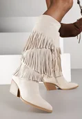 Kozaki damskie - Beżowe Kozaki Kowbojki na Stożku Ozdobione Frędzlami Giolanda - miniaturka - grafika 1
