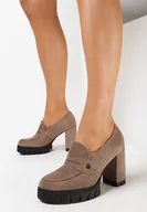 Półbuty damskie - Ciemnobeżowe Półbuty na Wysokim Obcasie i Platformie ze Skórzaną Wkładką Nerssia - miniaturka - grafika 1