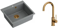 Zlewozmywaki z baterią - Quadron Zlewozmywak granitowy jednokomorowy 57*50*22 cm MORGAN 110 SILVER STONE z miedzianym odpływem z baterią JODIE Q LINE SLIM kolor miedziany - miniaturka - grafika 1