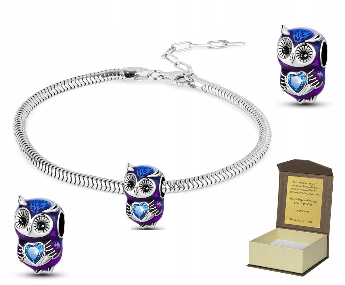 Bransoletka srebrna 19-22cm + CHARMS SOWA SÓWKA SERCE prezent BC357