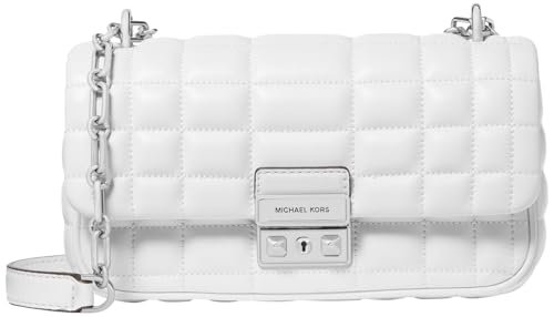 Michael Kors Damska mała torebka na ramię Tribeca z łańcuszkiem, Sprzęt w srebrnym odcieniu/pudełko pikowana skóra jagnięca Costa/Optic White, Rozmiar Uniwersalny
