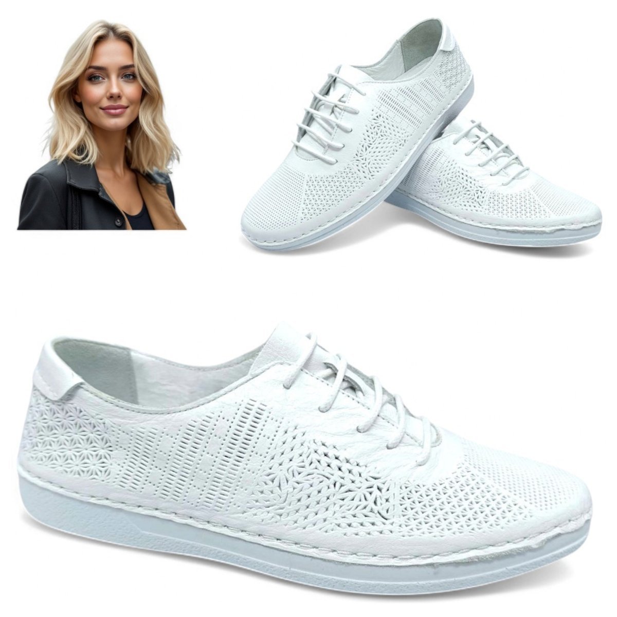 Półbuty Damskie Skórzane Loretta Vitale 222 Ażurowe Białe Sznurowane 37