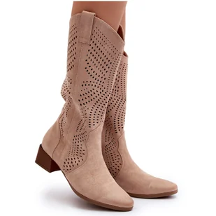 Vinceza Ażurowe Botki Na Niskim Obcasie Beżowe Walea beżowy - Botki damskie - miniaturka - grafika 1