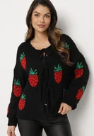 Swetry damskie - Czarny Kardigan Wiązany z Domieszką Wełny i Wiskozy Ozdobiony Wzorem w Truskawki Cesiella - miniaturka - grafika 1