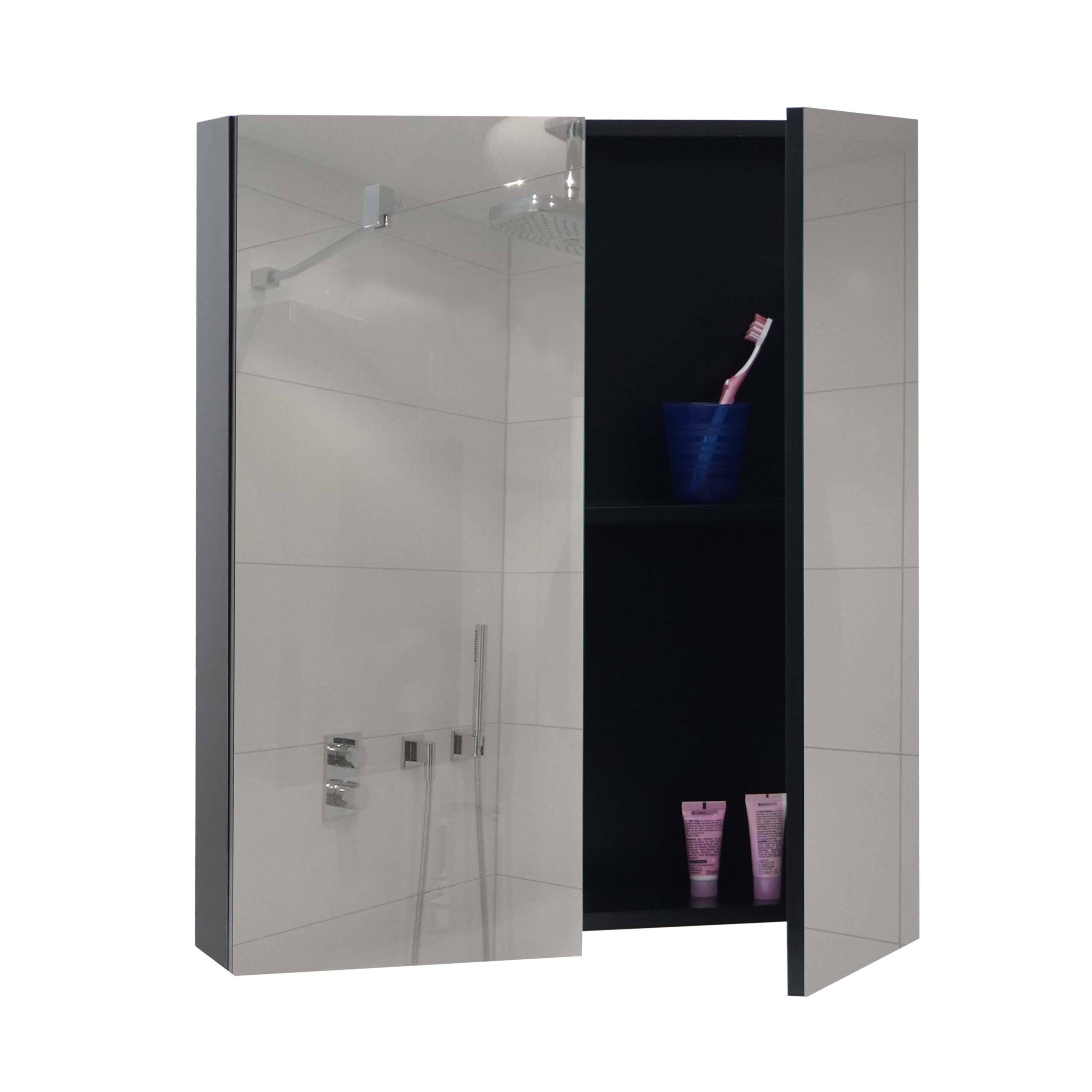 Szafka z lustrem HWC-B19b, szafka łazienkowa ścienna, 2 półki wysoki połysk z certyfikatem MVG 70x60x16cm ~ czarny