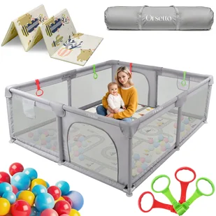 KOJEC DZIECIĘCY XXL Z MATĄ PIANKOWĄ 180x200 cm PLAC ZABAW SUCHY BASEN + UCHWYTY I 50 PIŁEK - Łóżeczka i kojce - miniaturka - grafika 1