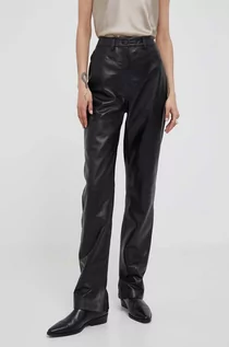 Spodnie damskie - Calvin Klein spodnie skórzane damskie kolor czarny proste high waist - grafika 1