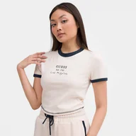 Koszulki sportowe damskie - Damski t-shirt z nadrukiem Guess Signature Crop Tee - kremowy - GUESS - miniaturka - grafika 1
