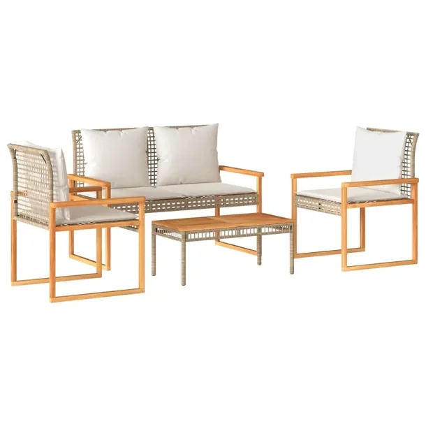 Zestaw wypoczynkowy rattan PE 4-osobowy, kremowo-beżowy, 75x38x32 cm