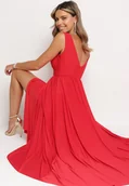 Sukienki - Czerwona Koktajlowa Sukienka na Ramiączkach z Trójkątnym Dekoltem i Rozcięciem z Boku Nestarli - miniaturka - grafika 1