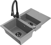 Zlewozmywaki z baterią - Mexen Gaspar zlewozmywak granitowy 1,5-komorowy z ociekaczem i baterią kuchenną Elia, szary - 6507-71-670101-70-B - miniaturka - grafika 1