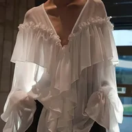 Koszule damskie - TEMU Letnia i Jesienna Koszulka Plażowa z Dekoltem V z Szyfonu z Falbankami na Rękawach, Luźny Pokrowiec Plażowy w Jednolitym Kolorze, Idealny na - miniaturka - grafika 1