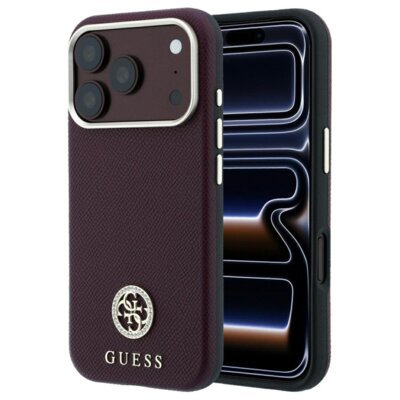 Etui GUESS Grained Round Strass Logo MagSafe do Apple iPhone 17 Pro/18 Pro Burgundowy
