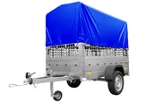 Przyczepy - UNITRAILER Przyczepka 1-osiowa z kiprem GARDEN TRAILER 200 KIPP  z kołem podporowym, burtami siatkowymi i stelażem H-800 z pokrowcem niebieskim UT004483 - miniaturka - grafika 1